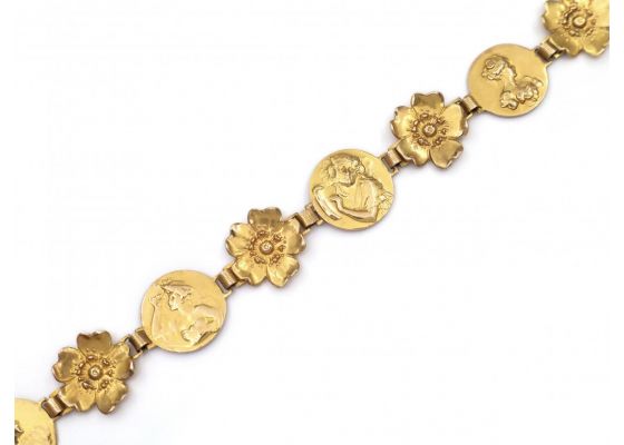 Art Nouveau flower and femme portrait bracelet in 18kt yellow gold