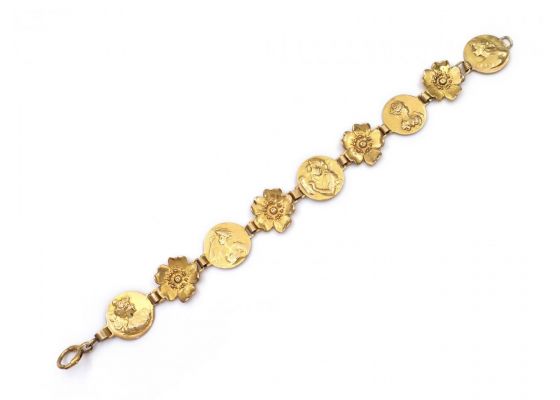 Art Nouveau flower and femme portrait bracelet in 18kt yellow gold
