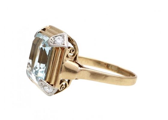 1960s Aquamarine & Diamond Cocktail Ring in 18kt Yellow Gold