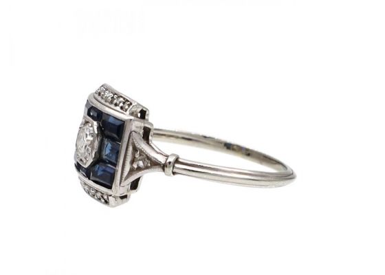 Art Deco diamond and sapphire square target ring in platinum