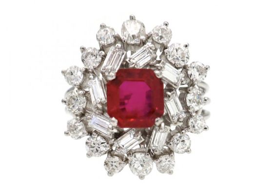 1950s ruby and diamond vertical cluster ring in 18kt white gold