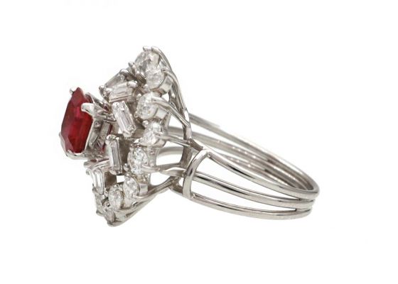 1950s ruby and diamond vertical cluster ring in 18kt white gold