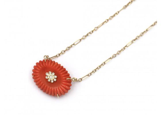 Retro carved coral and diamond necklace in 18kt gold