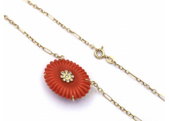 Retro carved coral and diamond necklace in 18kt gold