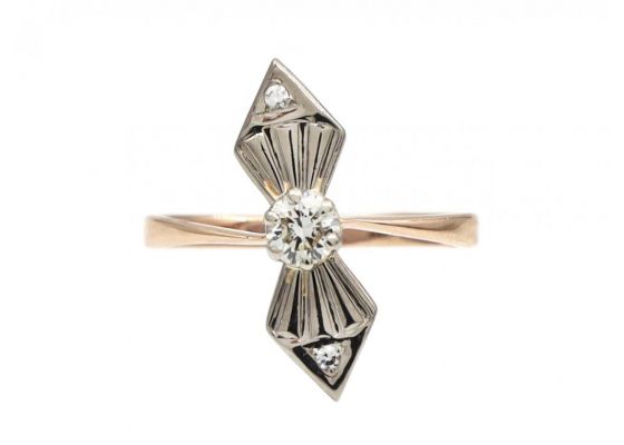 Antique diamond set bow ring in platinum and rose gold