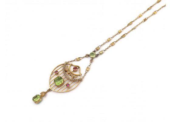 Edwardian Suffragette Peridot, Pearl & Amethyst Necklace in Gold