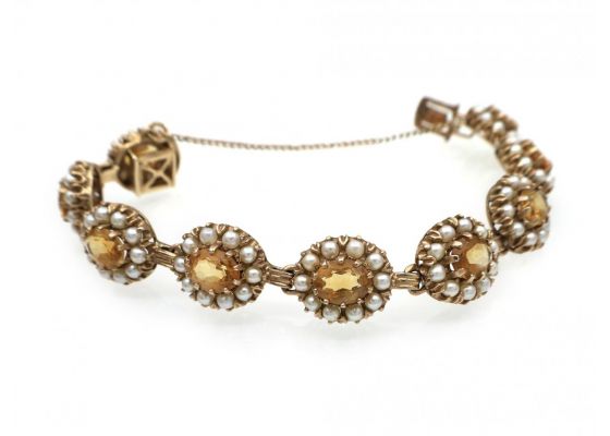 Antique Citrine & Pearl Daisy Cluster Bracelet in 9kt Yellow Gold