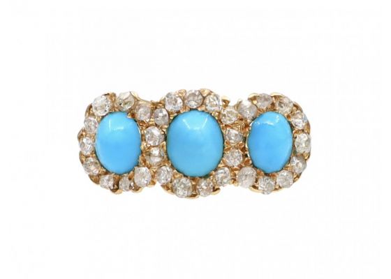 1905 Turquoise & Diamond Three Stone Cluster Ring in Gold