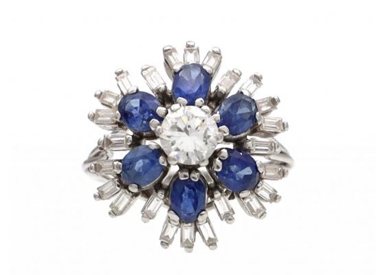 Vintage diamond and sapphire flower cluster ring in platinum