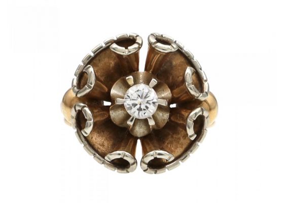 Retro diamond set scrolling dress ring in 18kt yellow gold