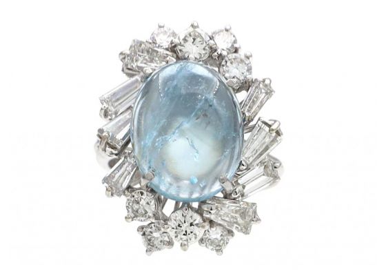 Vintage Cabochon Aquamarine & Diamond Fancy Cluster Ring