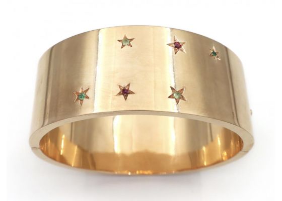 1940s ruby emerald and peridot cuff bangle in 14kt yellow gold