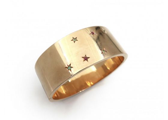 1940s ruby emerald and peridot cuff bangle in 14kt yellow gold