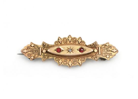 Antique 9kt yellow gold diamond and ruby plaque brooch