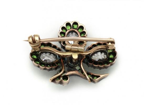 Antique Shamrock Brooch set with Diamonds & Demantoid Garnets