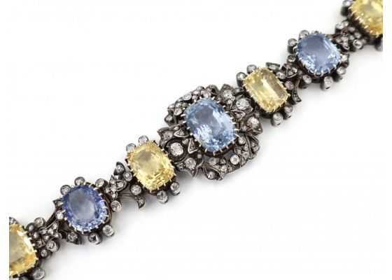 Antique French natural Ceylon blue and yellow sapphire and diamond bracelet/choker