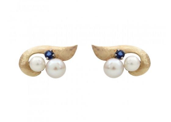 1960s Cultured Pearl & Sapphire Clip-On Earrings in Gold