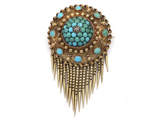 Victorian Etruscan Revival Diamond & Turquoise Tassel Brooch