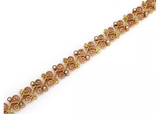 Antique French Seed Pearl, Rose & Yellow Gold Scrolling Bracelet