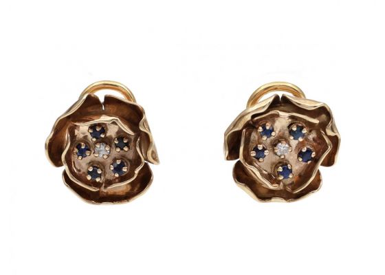 Retro Pansy Diamond & Sapphire Cluster Earrings in 9kt Yellow Gold