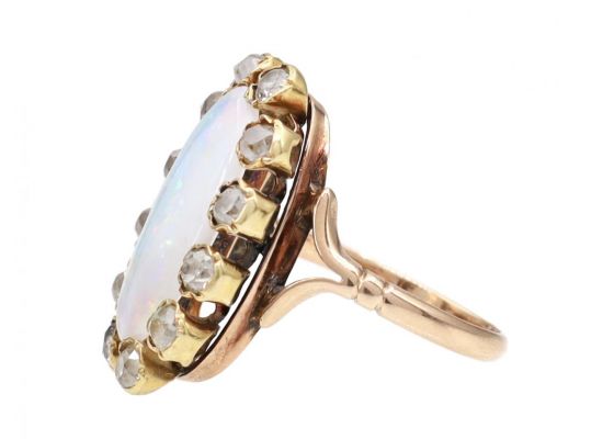 Antique Oval Opal & Diamond Cluster Ring in Yellow Gold