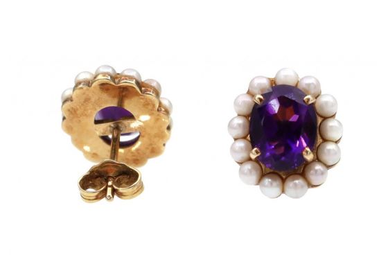 Vintage Amethyst & Pearl Cluster Earrings