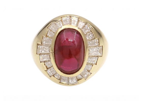 Retro Ruby Cabochon & Diamond Star Signet in 18kt Yellow Gold