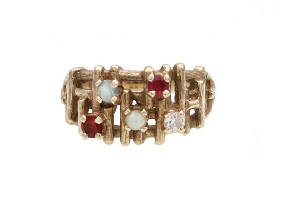 1970s Multi-Gem Set Twiggy Ring in 10kt Yellow Gold