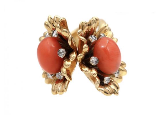 Retro Articulated Double Floret Coral & Diamond Ring