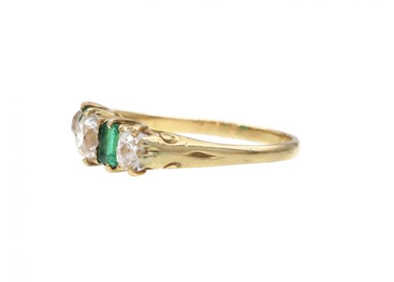 Victorian Diamond & Emerald Five Stone Carved Ring