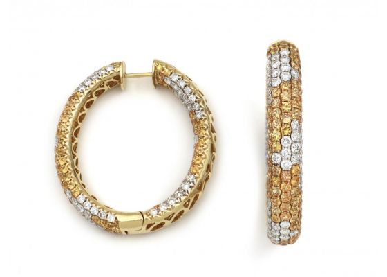 Vintage Yellow Sapphire & Diamond Hoop Earrings in 18kt Gold