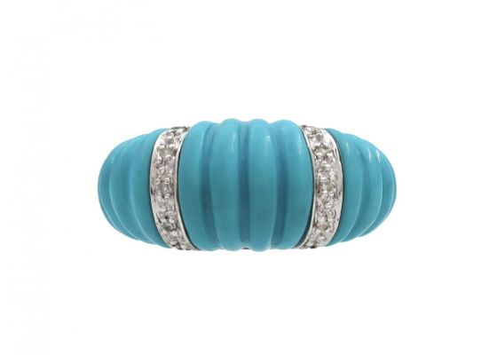 Vintage Carved Turquoise & Diamond Ribbed Bombe Ring