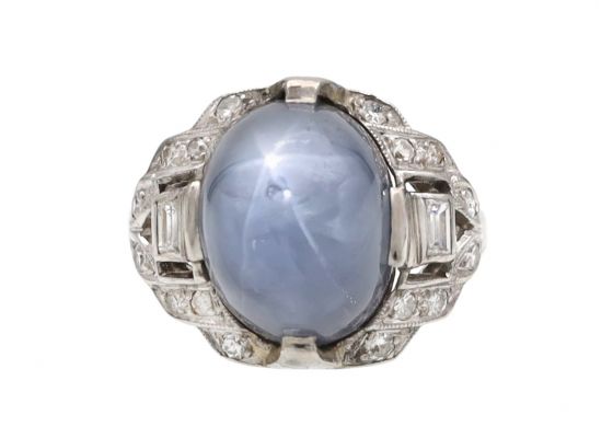 1950s star sapphire and diamond cluster ring in platinum