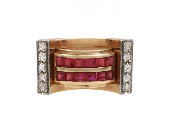 Retro Synthetic Ruby & Diamond Tank Ring in 18kt Gold