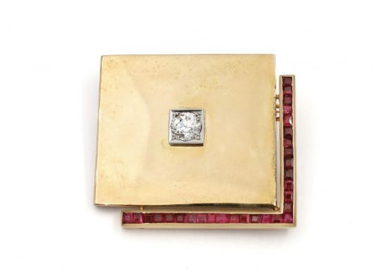 Retro 18kt Yellow Gold, Diamond & Ruby Square Brooch