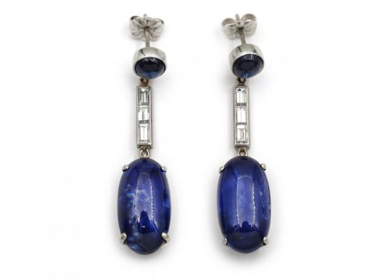 Art Deco Cabochon Sapphire & Diamond Drop Earrings