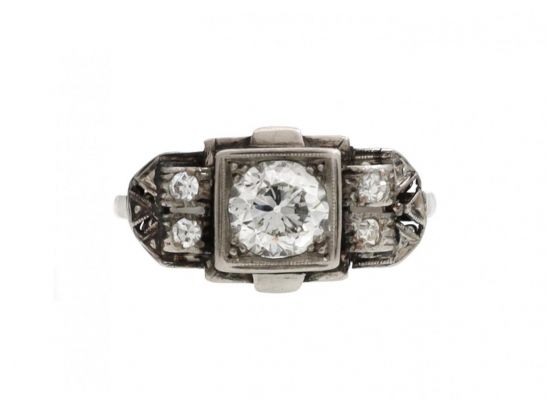 Art Deco Diamond Fancy Flanked Solitaire Engagement Ring