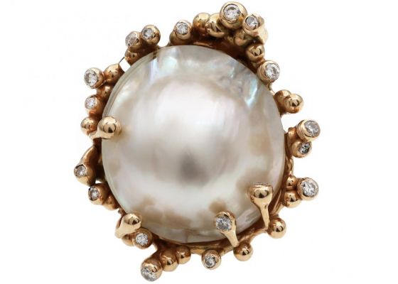 Vintage Large Mabe Pearl & Diamond Cocktail Ring in 18kt Gold