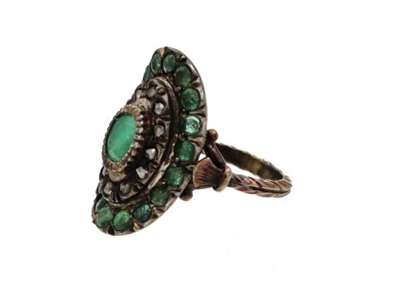 Vintage Emerald & Diamond Oval Cluster Ring in Silver and Gold
