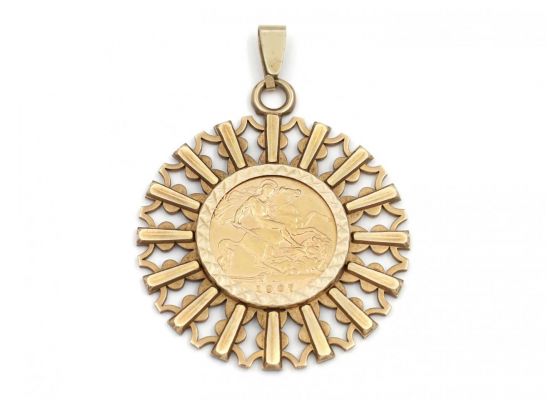 Vintage Half Sovereign Coin Sunburst Pendant