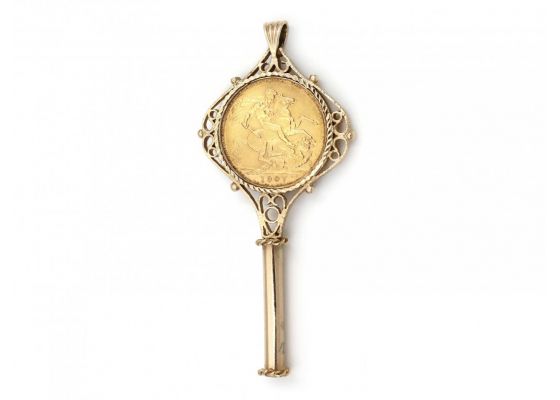 Antique Yellow Gold Key Wind & Half Sovereign Coin Pendant
