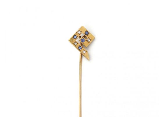 Antique sapphire and diamond Greek key stickpin in yellow gold