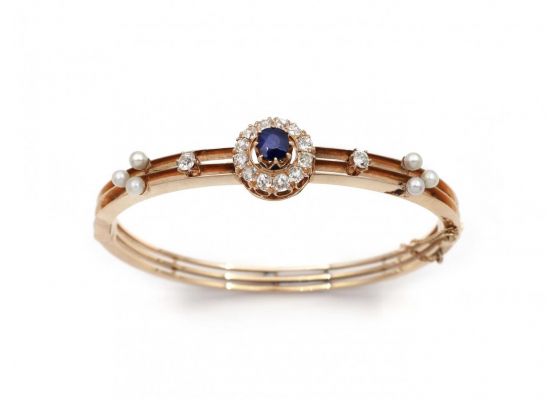 Antique Sapphire, Diamond & Pearl Hinged Bangle in 18kt Rose Gold