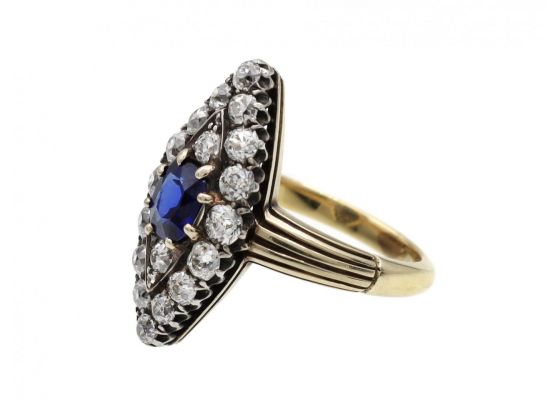 1890s Sapphire & Diamond Navette Cluster Ring in Silver on 18kt Gold