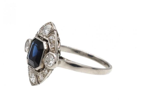 Art Deco Sapphire & Diamond Plaque Cluster Ring in Platinum