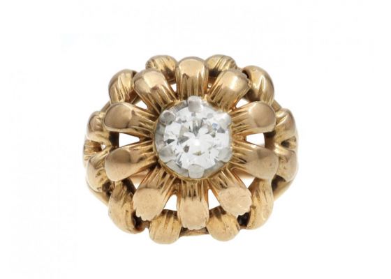1970s Diamond Set Floral Bombe Ring in 18kt Yellow Gold