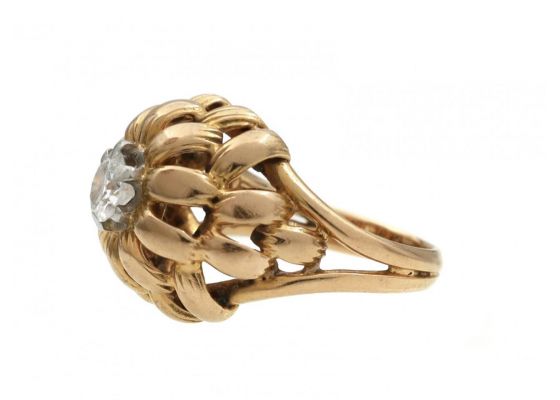 1970s Diamond Set Floral Bombe Ring in 18kt Yellow Gold