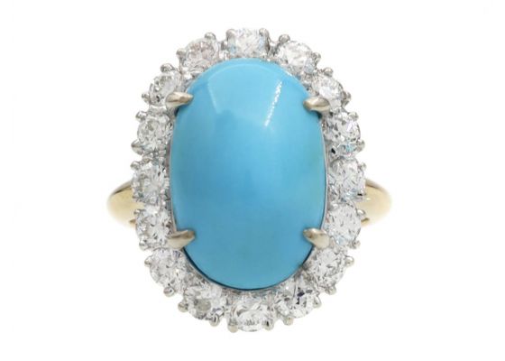 Vintage Turquoise & Diamond Oval Cluster Ring in 18kt Yellow Gold