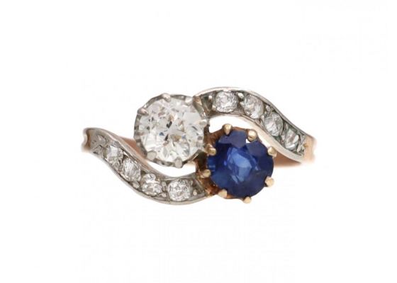 Antique sapphire and diamond two stone engagement ring