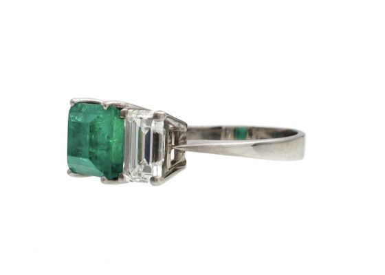 Vintage Emerald & Diamond Three Stone Ring in 18kt White Gold